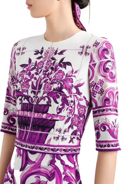 Dolce & Gabbana Violet Crewneck Dress With Rear Zip Closure And All-over Floral Print In Silk Stretch Woman In Purple
