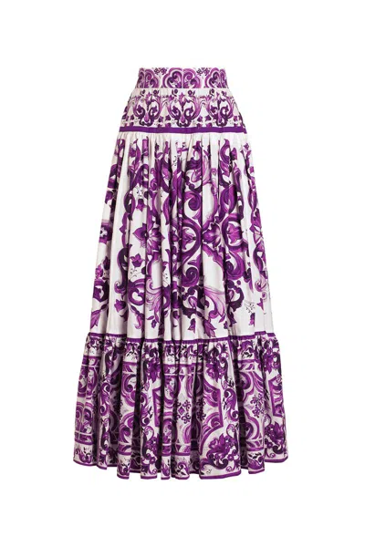 Dolce & Gabbana Violet Long Skirt With Ruffle Hem And All-over Floral Motif In Cotton Woman In Purple