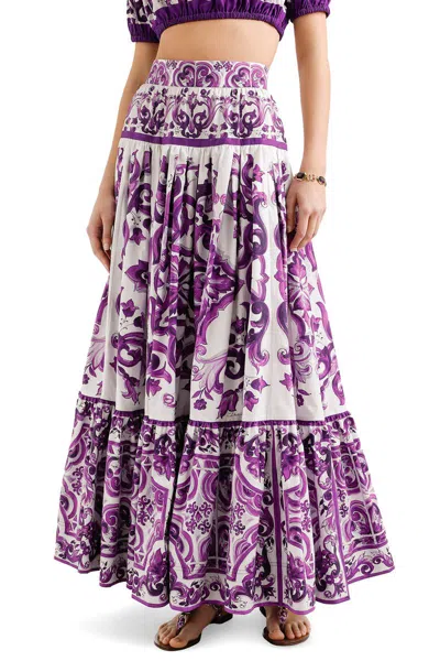 Dolce & Gabbana Violet Long Skirt With Ruffle Hem And All-over Floral Motif In Cotton Woman In Purple