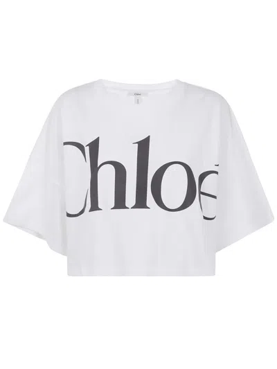 Chloé White Cropped T-shirt With Logo Lettering Print In Cotton Woman In White