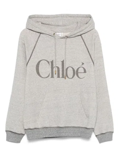 Chloé Hooded Cotton Blend Sweatshirt With Kangaroo Pocket In Gray