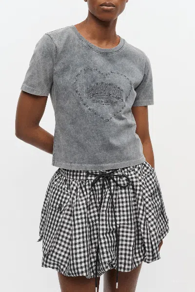 Ganni Cotton T-shirt Featuring Heart Embroidery In Gray