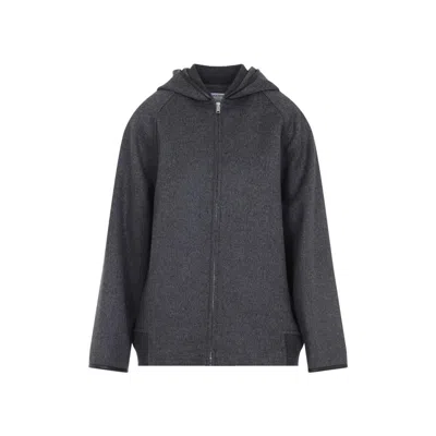 Bottega Veneta Wool Jacket With Hood And Leather Trim In Black