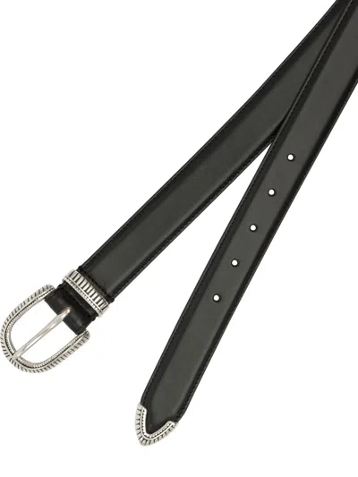 Adriano Meneghetti Black Leather Belt With Decorative Silver Buckle In Black