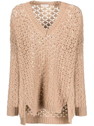 Agnona Beige Open-knit Sweater With V-neckline In Neutral