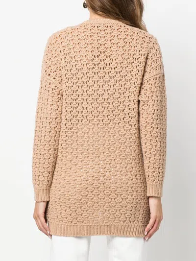 Agnona Beige Open-knit Sweater With V-neckline In Neutral