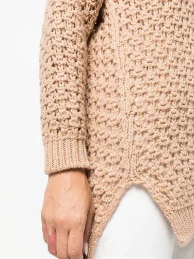 Agnona Beige Open-knit Sweater With V-neckline In Neutral