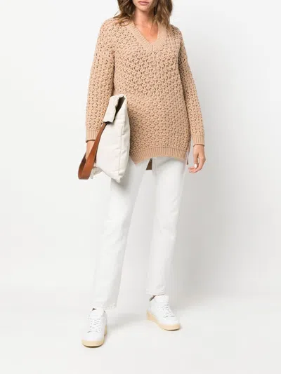 Agnona Beige Open-knit Sweater With V-neckline In Neutral