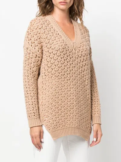 Agnona Beige Open-knit Sweater With V-neckline In Neutral