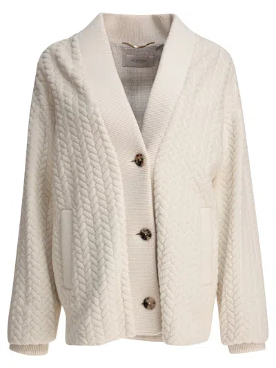 Agnona Ribbed Cuffs Shawl Collar Side Pockets Textured Pattern In Neutral