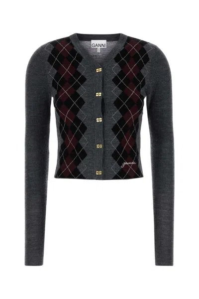 Ganni Grey Sweater With Classic Collar And Check Motif On The Front In Wool Woman