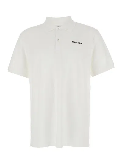 Alexander Mcqueen White Polo Shirt With Classic Collar And Logo Lettering Embroidery On The Front In Cotton Man In White
