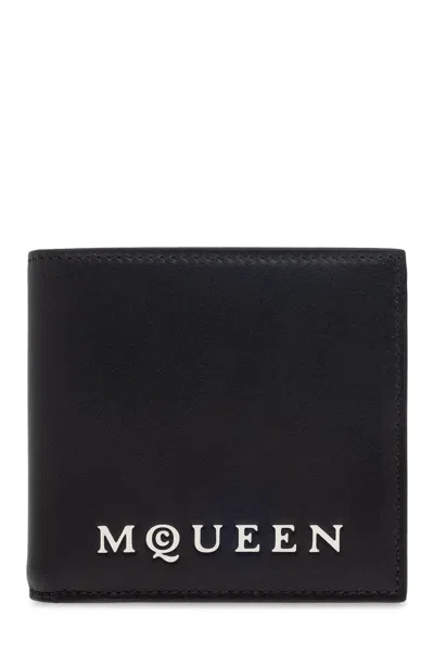 Alexander Mcqueen Bifold Wallet In Smooth Calf Leather With Logo Print In Black