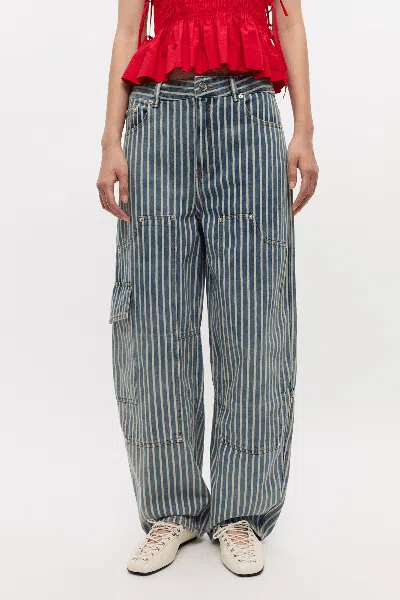 Ganni Light Stripe Denim Carpenter Jeans In Soft Chambray In Gray