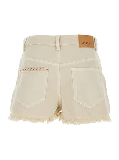 Isabel Marant Étoile 'lesia' Beige Shorts With Fringed Hem And Embroidered Motif In Denim Woman