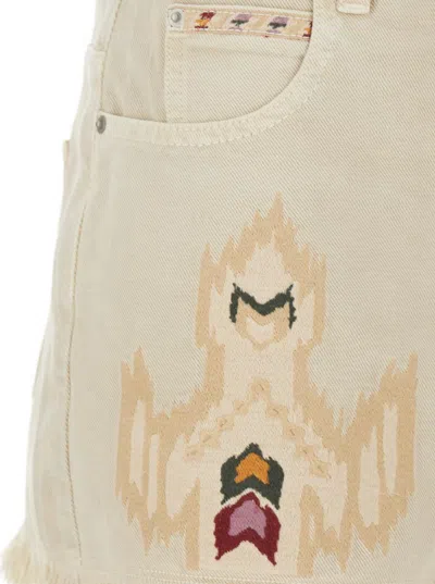 Isabel Marant Étoile 'lesia' Beige Shorts With Fringed Hem And Embroidered Motif In Denim Woman
