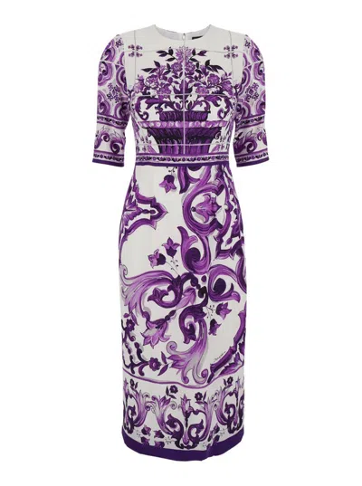 Dolce & Gabbana Violet Crewneck Dress With Rear Zip Closure And All-over Floral Print In Silk Stretch Woman