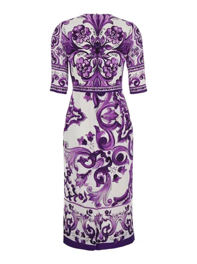 Dolce & Gabbana Violet Crewneck Dress With Rear Zip Closure And All-over Floral Print In Silk Stretch Woman