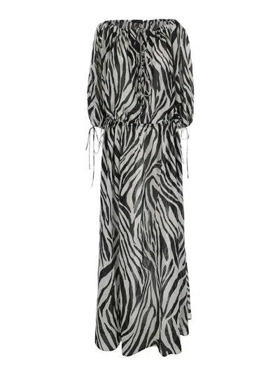 The Andamane Wilma Black And White Long Dress With Long Balloon Sleeves And All-over Zebra Print In Cotton Woman In Gray