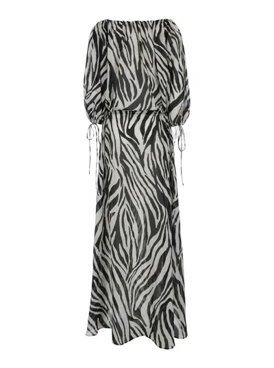 The Andamane Wilma Black And White Long Dress With Long Balloon Sleeves And All-over Zebra Print In Cotton Woman In Gray