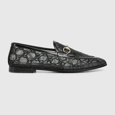Gucci Almond Toe Mesh Loafers Embellished With Crystals In Black