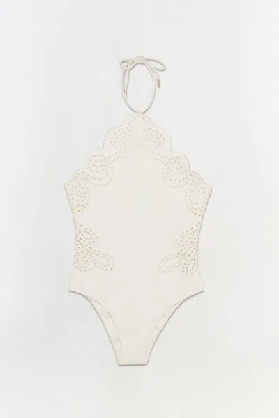 Simkhai Women's Nicolette Halter Embroidered Swimsuit In White