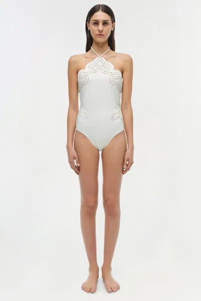 Simkhai Women's Nicolette Halter Embroidered Swimsuit In White