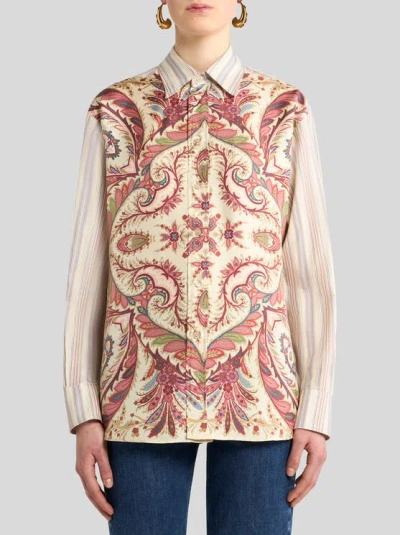 Etro Camicia Over In Cotone A Righe Con Stampa In Multi
