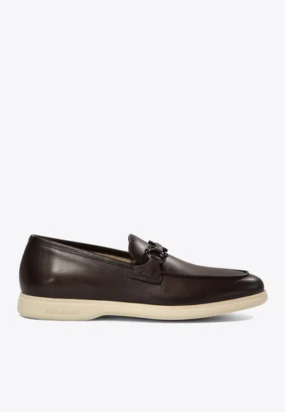 Ferragamo Brown Calf Leather Loafers In Black