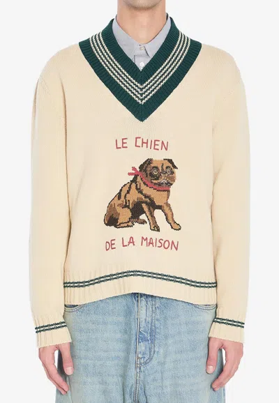 Valentino Butter-coloured Sweater With Le Chien De La Maison Embroidery In Neutral