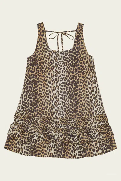 Ganni Brown Leopard Cotton Poplin Mini Dress In Brown