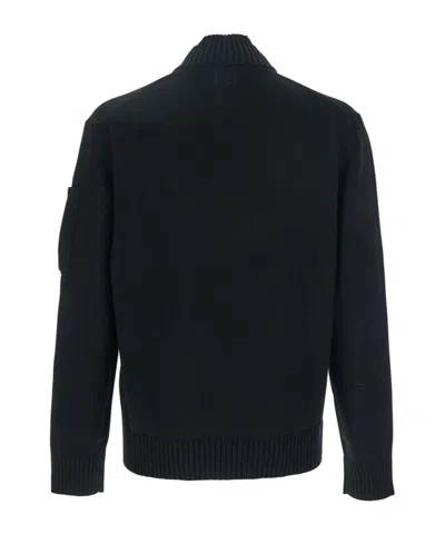 C.p. Company Cotton Cardigan With Arm Pocket And High Neck In Black