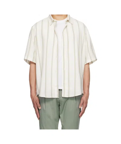 Hugo Boss Off-white Loose-fit Striped Open-weave Shirt In White