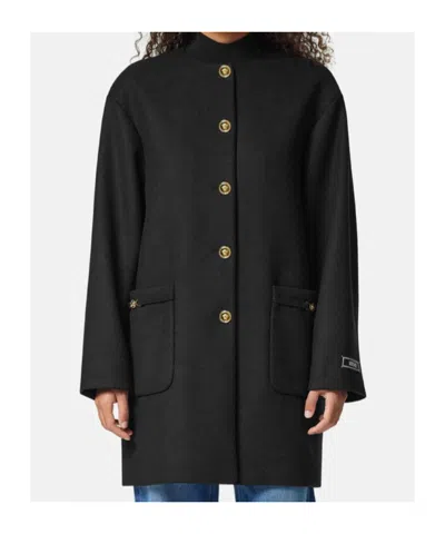Versace Collarless Felted-wool Long Caban Coat In Black