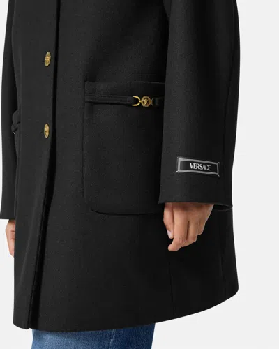 Versace Collarless Felted-wool Long Caban Coat In Black