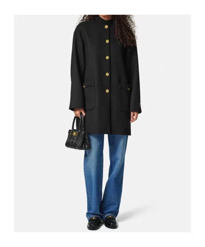 Versace Collarless Felted-wool Long Caban Coat In Black