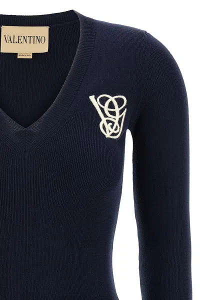 Valentino Embroidered Sweater With Front Pockets And Ruffle Cuffs In Blue
