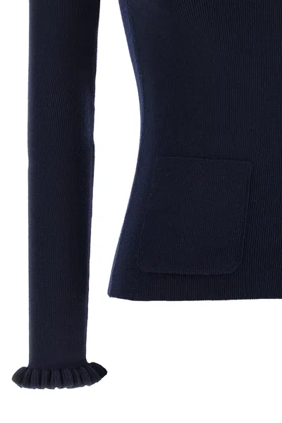 Valentino Embroidered Sweater With Front Pockets And Ruffle Cuffs In Blue