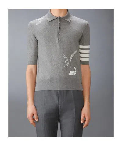 Thom Browne Feather-intarsia Cotton Polo Shirt In Gray