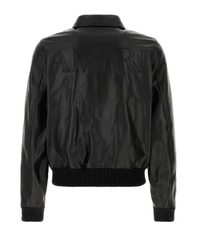 Amiri Leather Jacket Front Pockets Cuffs Hem Ribbed In Black