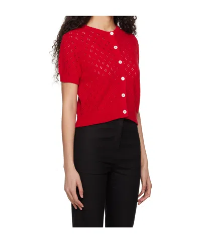 Dunst Cotton Crochet Crewneck Cardigan In Red