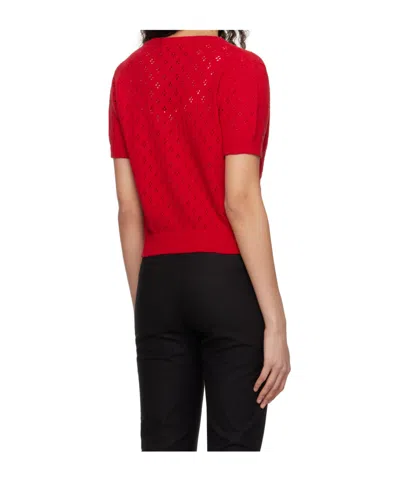 Dunst Cotton Crochet Crewneck Cardigan In Red