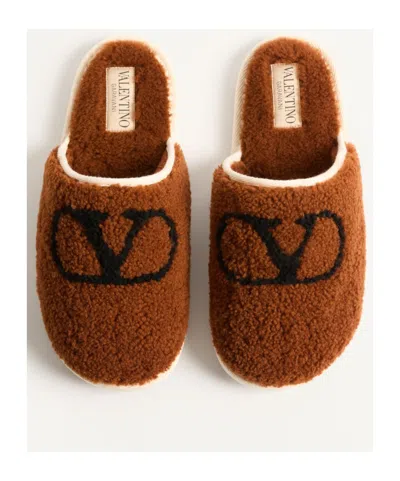 Valentino Round Toe Slippers In Brown
