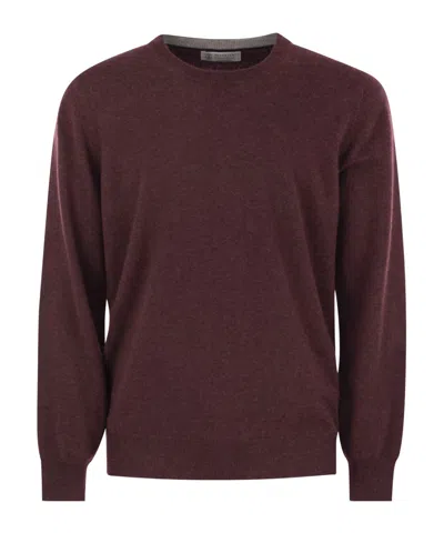 Brunello Cucinelli Cashmere Crew-neck Sweater Ribbed Profiles In Burgundy