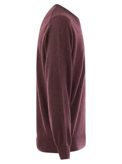 Brunello Cucinelli Cashmere Crew-neck Sweater Ribbed Profiles In Burgundy