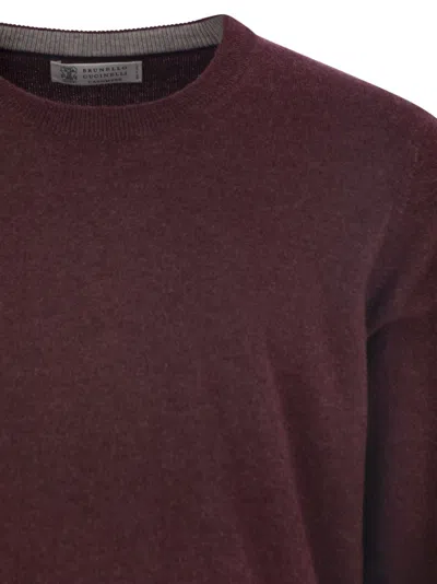 Brunello Cucinelli Cashmere Crew-neck Sweater Ribbed Profiles In Burgundy