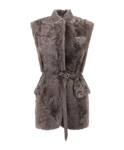 Brunello Cucinelli Leather-trimmed Belted Plush Fabric Gilet In Brown