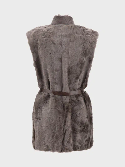 Brunello Cucinelli Leather-trimmed Belted Plush Fabric Gilet In Brown