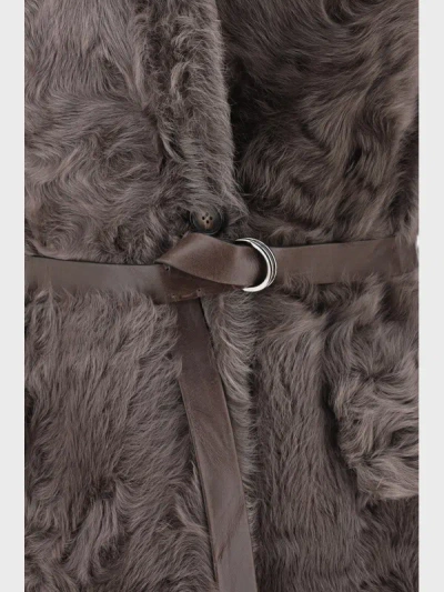 Brunello Cucinelli Leather-trimmed Belted Plush Fabric Gilet In Brown