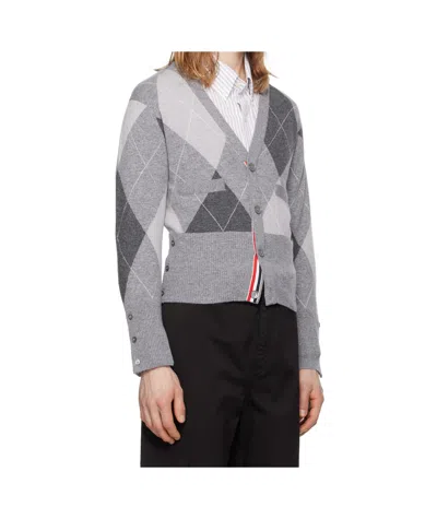 Thom Browne Gray Argyle Intarsia Cashmere V Neck Cardigan In Gray